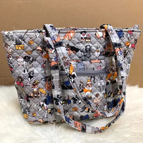 VERA BRADLEY Rare Gray Multi HOWL-O-WEEN Halloween Dogs Zip Top Cotton VERA Tote - Picture 13 of 16